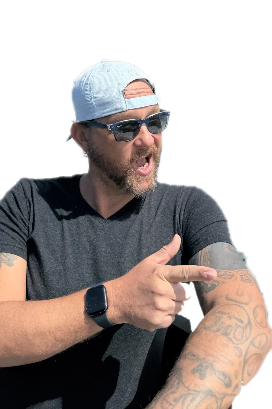 Dick Bradley, founder of 90 Leads and co-founder of Old Armor Beer Company, wearing a light blue cap and sunglasses, pointing at the camera